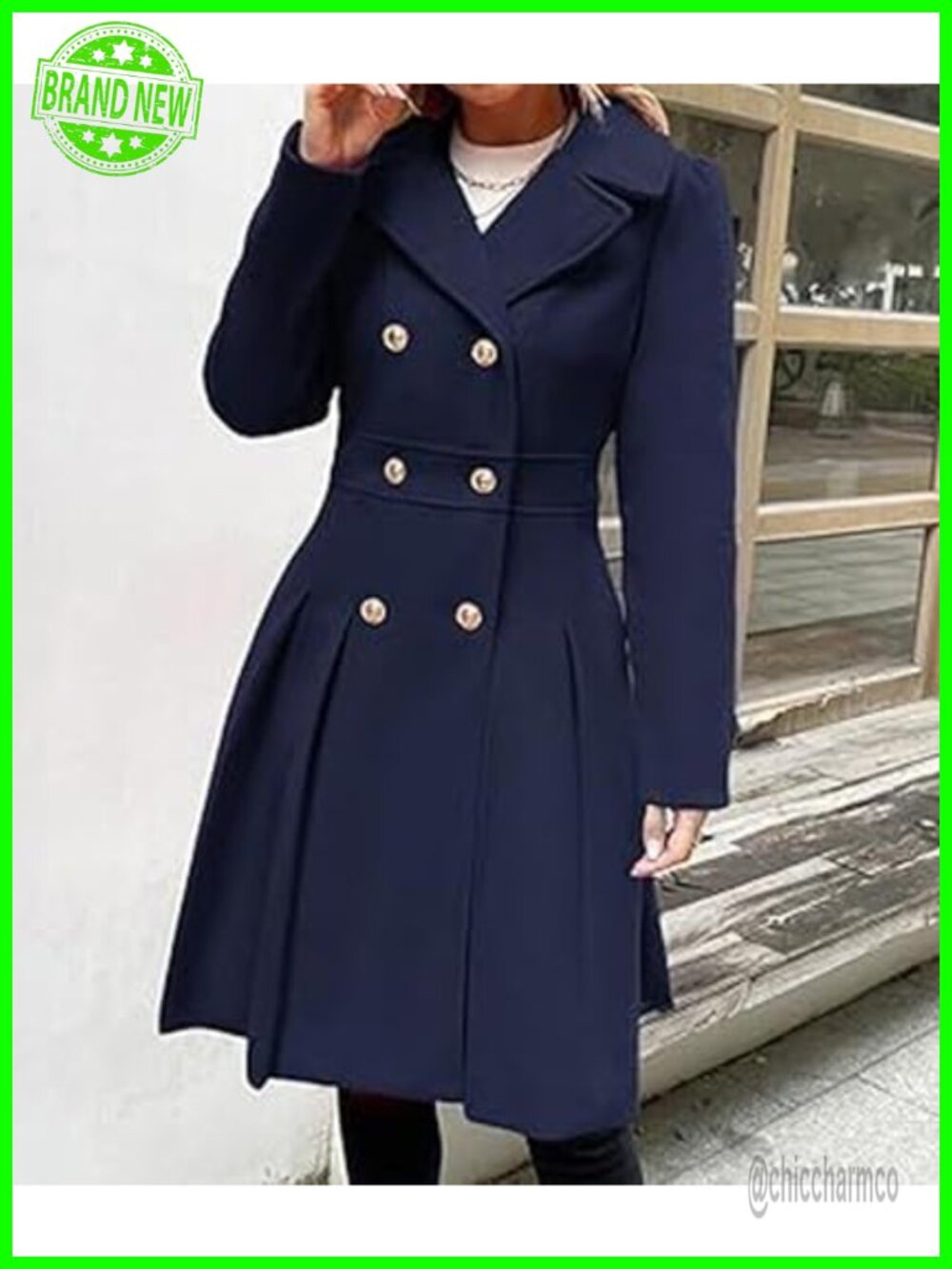 Double Breasted Trench Coat Notch Lapel A-Line Pleated Wool Blend Pea Coat - Picture 2 of 5